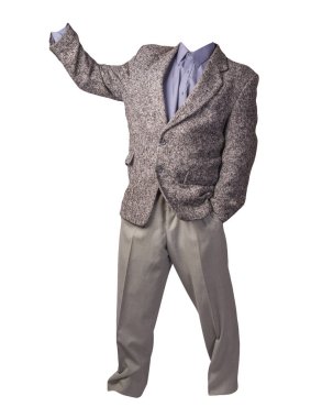 Erkek gri ceket, mor gömlek ve beyaz arka planda izole edilmiş açık gri pantolon. resmi takım