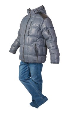 Mavi erkek ceketi ve mavi kot beyaz arka planda izole edilmiş. Günlük kıyafetler.