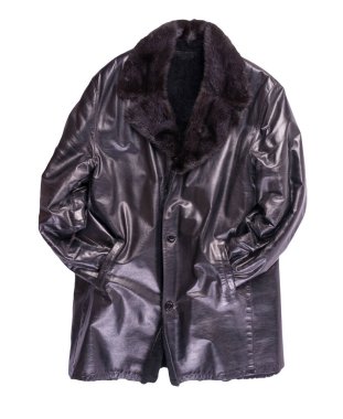 Deri erkek koyun derisi ceket, beyaz arka planda izole edilmiş. Kürk üst görüşlü siyah deri erkek ceketi.