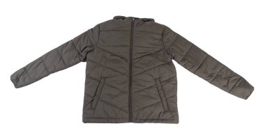 Beyaz arka planda izole edilmiş kapüşonlu koyu yeşil ceketli adamlar. Rüzgarlık ceketli üst manzara. Sıradan stil