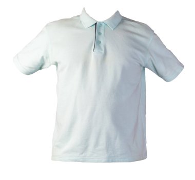 Kısa kollu, düğmeli yakalı, beyaz arka plan pamuklu gömlekli bir turkuaz tişört. Sıradan stil