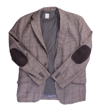 Düğmeli kahverengi ceket ve beyaz arka planda izole edilmiş grafit tişört. Günlük biçim üst görünümü