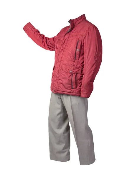 男式红色夹克和浅灰色裤子 白色背景隔离 男式秋装 — 图库照片