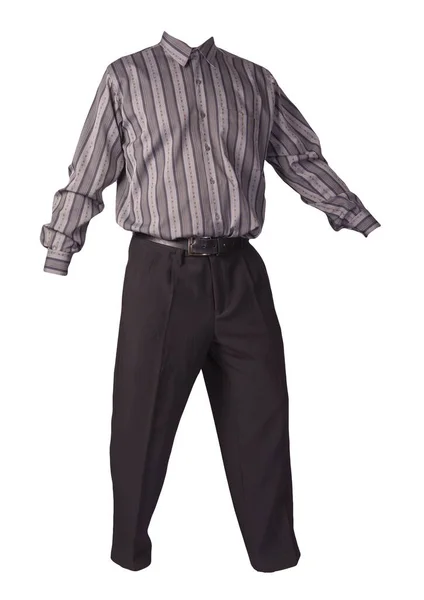男性用グレーのストライプシャツと黒のパンツが白い背景に隔離されてる ファッションウェア — ストック写真