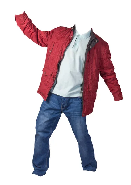 Червона Куртка Бірюзова Сорочка Сині Джинси Ізольовані Білому Тлі Повсякденний — стокове фото