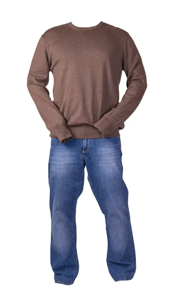 Men Brown Sweater Blue Jeans Isolated White Background Casual Clothing — Stock Photo, Image