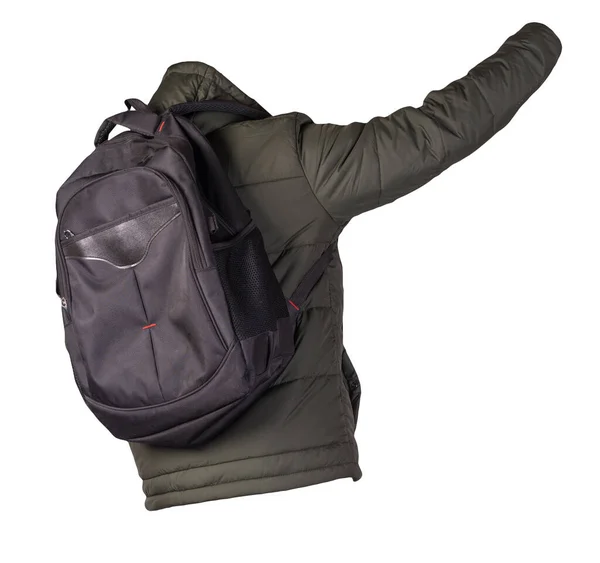 Schwarzer Rucksack Bekleidet Mit Einer Hakki Jacke Auf Weißem Hintergrund — Stockfoto