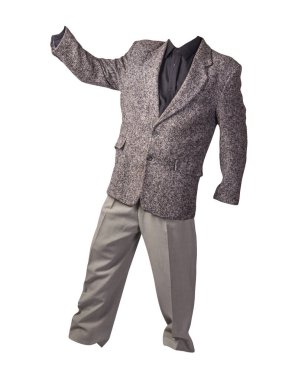 Erkek gri ceket, siyah gömlek ve beyaz arka planda izole edilmiş açık gri pantolon. resmi takım