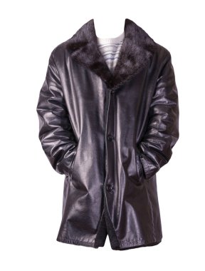 Deri erkek koyun derisi ceket, mavi beyaz süveter, beyaz arka planda izole. Kürklü siyah deri erkek ceketi.