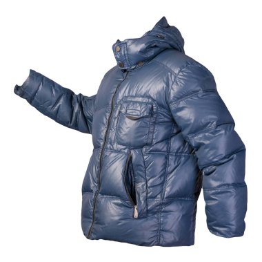 Beyaz arka planda izole edilmiş kapüşonlu erkek mavi ceketi. Rüzgarlık ceketi. Sıradan stil