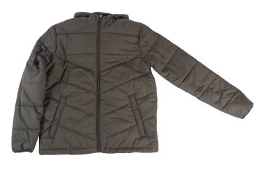 Beyaz arka planda izole edilmiş kapüşonlu bir erkek hakki ceketi. Rüzgarlık ceketli üst manzara. Sıradan stil