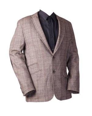 Siyah gömlekli düğmeli kahverengi ceketli erkekler beyaz arka planda izole edilmiş. Sıradan stil