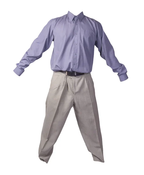 男性用のパープルのシャツと薄いグレーのパンツが白地に隔離されてる ファッションウェア — ストック写真