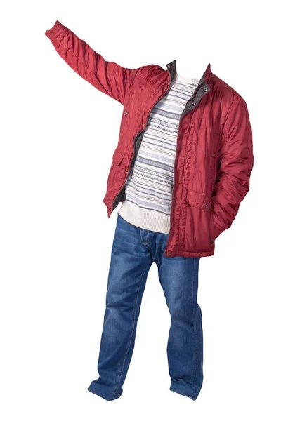 Rote Jacke Weiß Blaugrauer Pullover Und Blaue Jeans Auf Weißem — Stockfoto