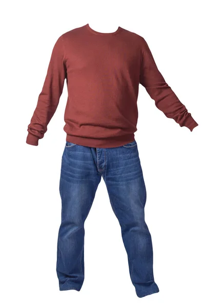 Maglione Rosso Scuro Degli Uomini Jeans Blu Isolati Sfondo Bianco — Foto Stock