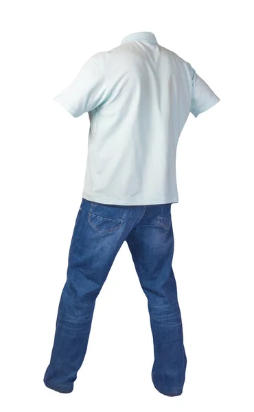 Ανδρικό Τιρκουάζ Shirt Γιακά Κουμπιά Και Μπλε Τζιν Που Απομονώνονται — Φωτογραφία Αρχείου
