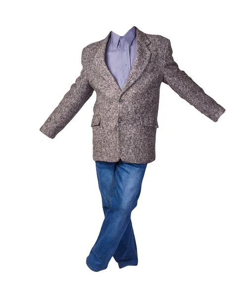 Чоловіча Сіра Куртка Фіолетовою Сорочкою Блакитними Джинсами Ізольовані Білому Тлі — стокове фото