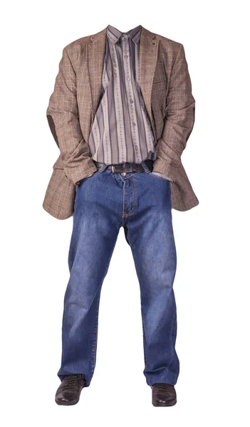 Män Knapp Ljusbrun Jacka Män Blå Jeans Läder Svarta Skor — Stockfoto