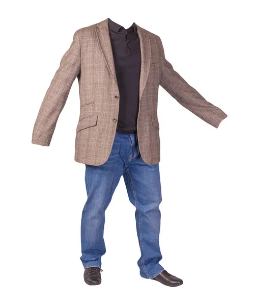 남성의 가벼운 남성의 청바지 가죽검은 그리고 배경에서 질검은 스웨터 — 스톡 사진