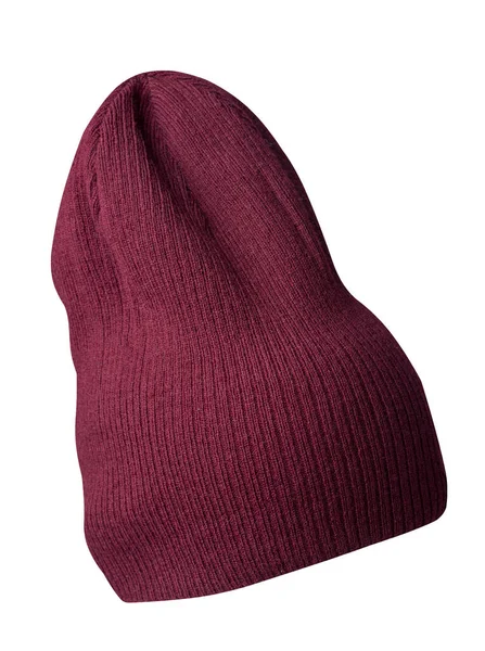 Stickad Mörk Röd Hatt Isolerad Vit Bakgrund Mode Hatt Tillbehör — Stockfoto