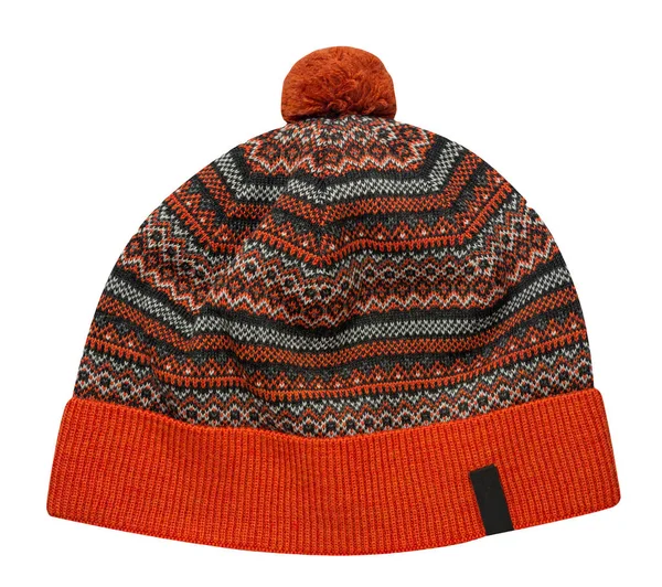 Pletený Oranžová Černá Šedá Klobouk Izolované Bílém Pozadí Hat Pompon — Stock fotografie