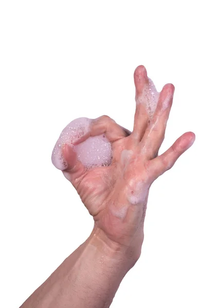 Man Hand Schuim Geïsoleerd Een Witte Achtergrond Handen Dicht Wassen — Stockfoto