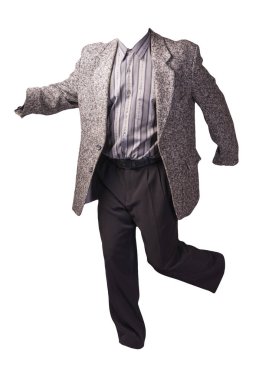 Erkek gri ceket, gri çizgili gömlek ve beyaz arka planda izole edilmiş siyah pantolon. resmi takım