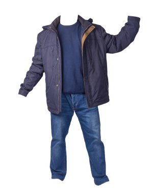 Fermuarlı mavi ceket, mavi kazak ve beyaz arka planda izole edilmiş mavi kot pantolon. Sıradan moda kıyafetleri.