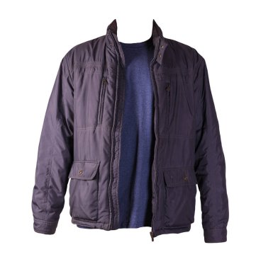 Mavi fermuarlı ceket ve beyaz arka planda izole edilmiş eski bir Heather donanma tişörtü. Sıradan stil