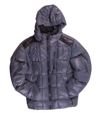 Beyaz arka planda izole edilmiş kapüşonlu fermuarlı mavi erkek ceketi. Rüzgarlık ceketi. Sıradan stil