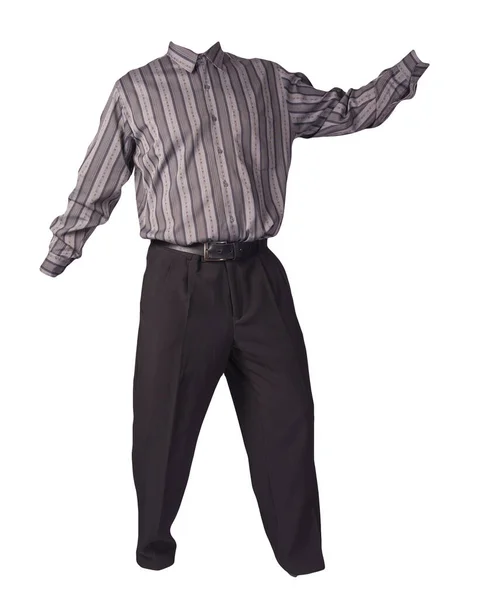 Men Gray Striped Shirt Black Pants Isolated White Background Fashion — Stock Photo, Image
