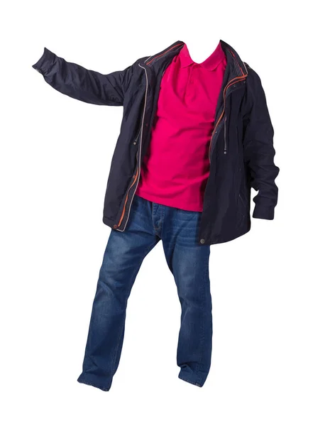 Mörkblå Jacka Med Dragkedja Röd Skjorta Och Blå Jeans Isolerad — Stockfoto