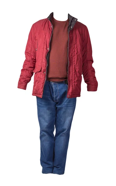 Giacca Rossa Con Cerniera Maglione Rosso Jeans Blu Isolati Sfondo — Foto Stock