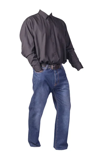 Schwarzes Hemd Mit Langen Ärmeln Und Blaue Jeans Auf Weißem — Stockfoto