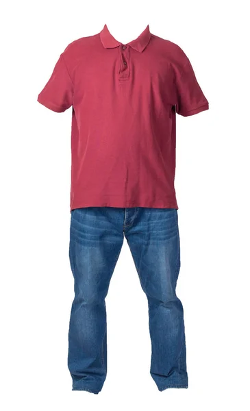 Men Dark Red Shirt Button Collars Blue Jeans Isolated White — Stock Photo, Image