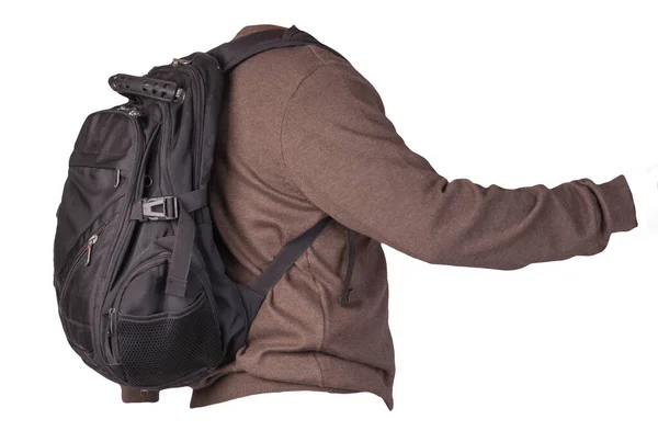 Schwarzer Rucksack Bekleidet Mit Einem Strickpullover Braun Isoliert Auf Weißem — Stockfoto