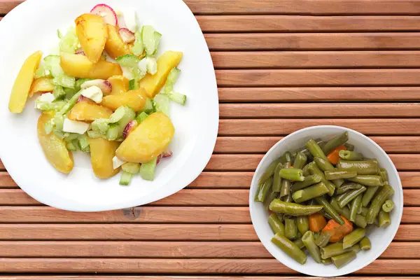 Potato Wedges Vegetables White Plate Orange Wooden Background Unhealthy Food — Stock Photo, Image