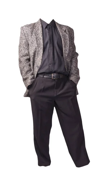 男性用グレーのジャケット黒のシャツ黒のズボン白い背景に隔離された 正式な訴訟 — ストック写真