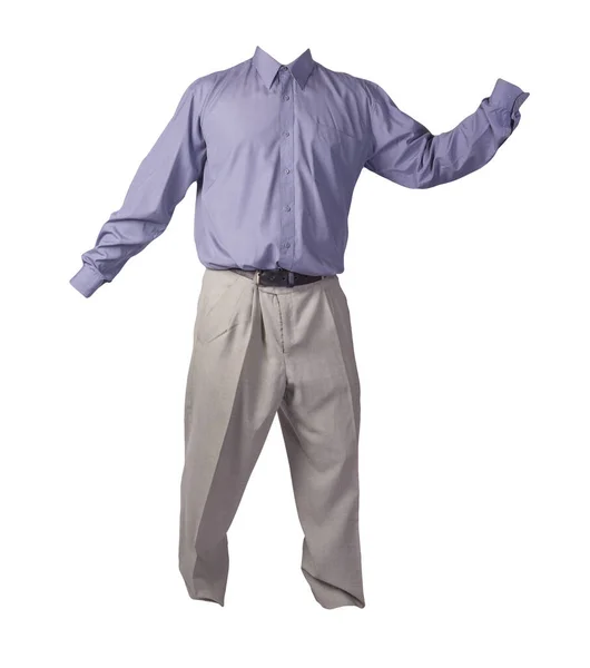 男式紫色衬衫和浅灰色裤子 白色背景隔离 时尚服装 — 图库照片