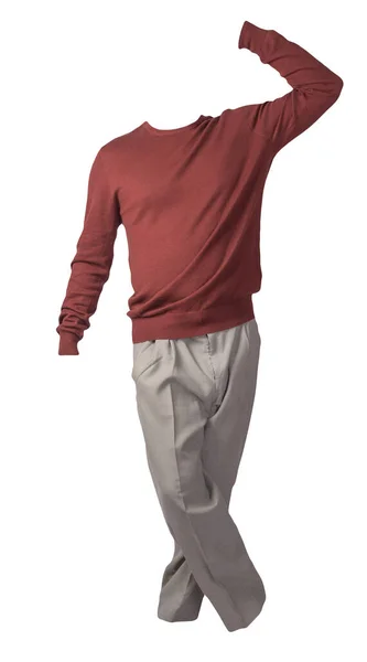 Men Burgundy Sweater Gray Pants Isolated White Background Casual Clothes — 스톡 사진