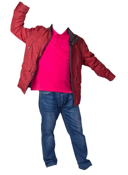 Chaqueta Roja Camisa Carmesí Jeans Azules Aislados Sobre Fondo Blanco — Foto de Stock