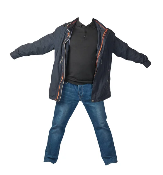 Blauwe Jas Met Rits Zwarte Trui Blauwe Jeans Geïsoleerd Witte — Stockfoto