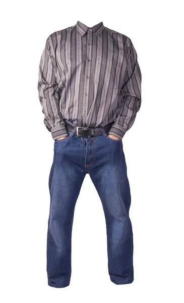 Мужская Серая Полосатая Рубашка Синие Джинсы Изолированы Белом Фоне Повседневная — стоковое фото
