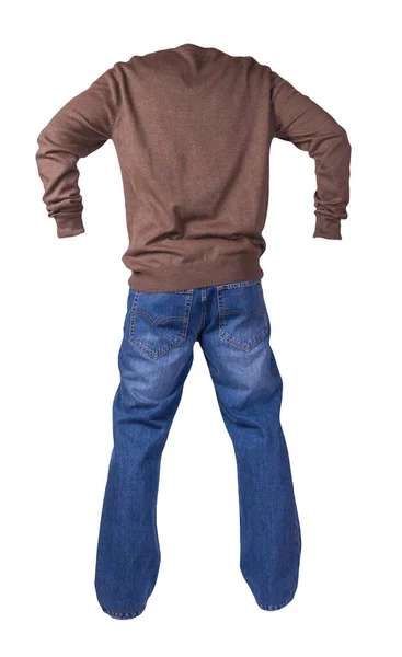 Camisola Marrom Dos Homens Calça Jeans Azul Isolado Fundo Branco — Fotografia de Stock