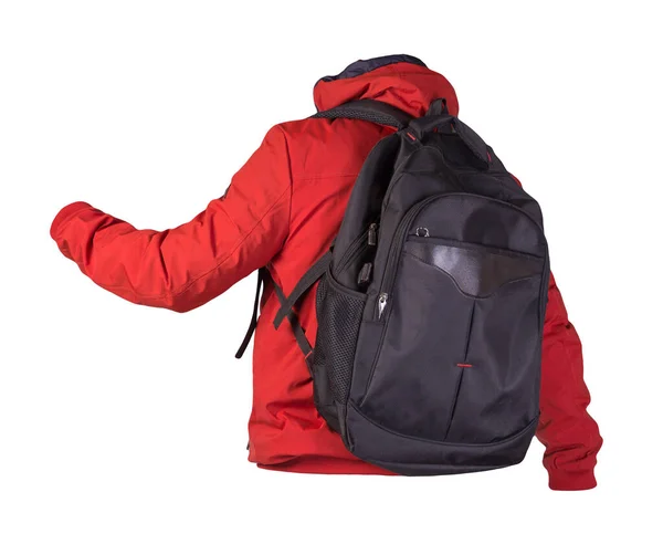 Schwarzer Rucksack Bekleidet Mit Einer Roten Jacke Auf Weißem Hintergrund — Stockfoto