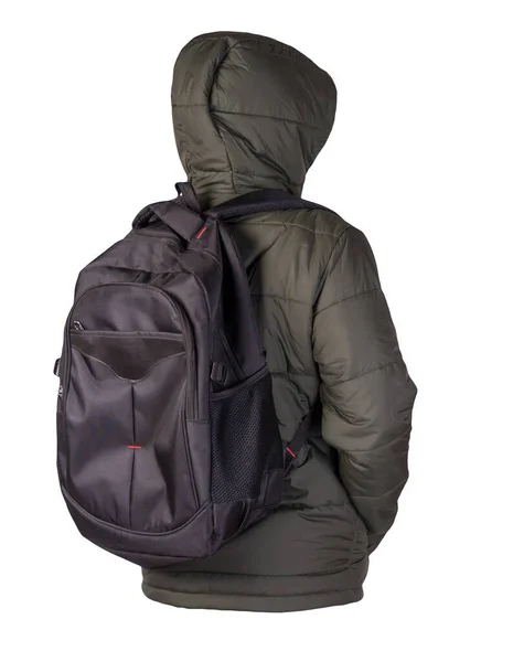 Schwarzer Rucksack Bekleidet Mit Einer Hakki Jacke Auf Weißem Hintergrund — Stockfoto