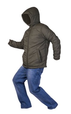 Hakki erkek ceketi ve mavi kot beyaz arka planda izole edilmiş. Günlük giysiler.