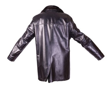 Beyaz arka planda izole edilmiş deri erkek koyun derisi ceket. Kürklü siyah deri erkek ceketi.