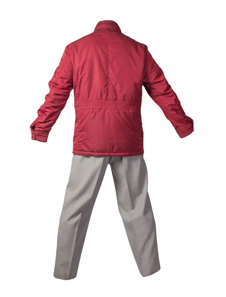 Mäns Röda Jacka Och Ljusgrå Byxor Isolerad Vit Bakgrund Herrkläder — Stockfoto