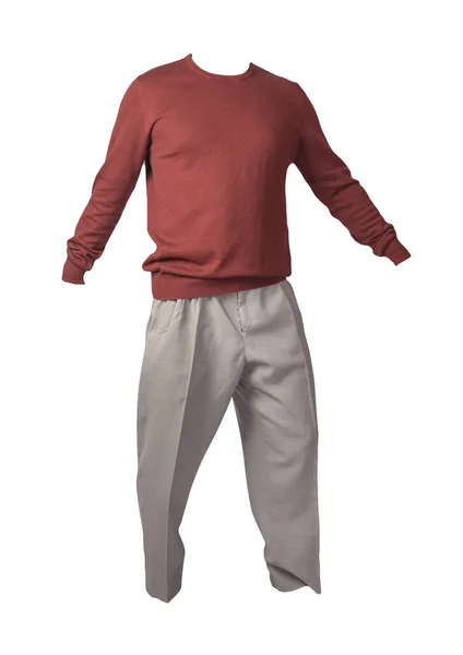 Herenbordeaux Trui Grijze Broek Geïsoleerd Witte Achtergrond Casual Kleding — Stockfoto